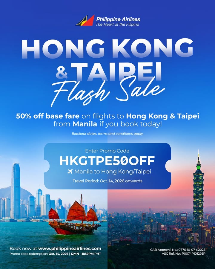 PAL offers 50% off fares from Manila to Hong Kong and Taipei